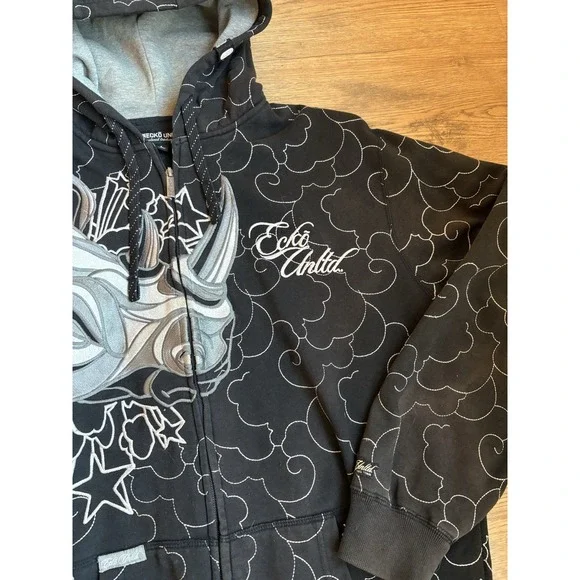 Vintage Y2K Ecko UNLTD Full Zip Hoodie Size L Embroidered Rhino Cybergoth Rare - Picture 3 of 14